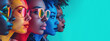 Concept of diversity and uniqueness. Finding and accepting oneself and one's identity. Banner with copy space for text. Profile view of diverse women in colorful lights. Fashion image with copy space