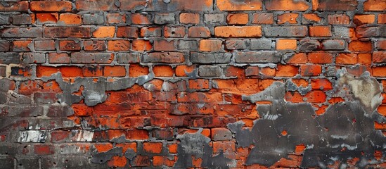 Poster - A detailed closeup of weathered red brickwork with peeling paint, showcasing the artistry and history of the buildings facade