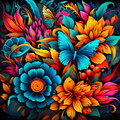 Wall Mural - Abstract painting with vibrant colors of butterflies and blooming flowers.