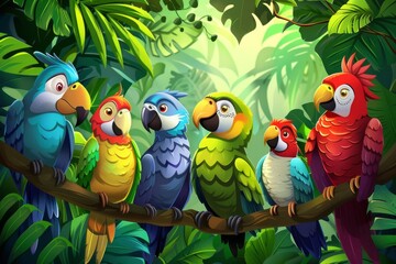 Wall Mural - Cartoon-style depiction of a lively parrot chatting with other tropical birds.