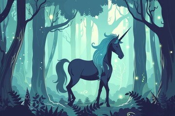 Wall Mural - Graphic design of a mythical unicorn in an enchanted forest.