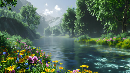  A tranquil river winding through a lush valley, with vibrant wildflowers blooming along the banks