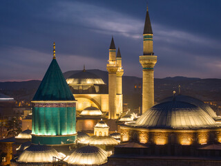 Mevlana Celaleddin Rumi Mosque (Mevlana Türbesi ve Cami) Night Lights Drone Photo, Mevlana Konya, Turkiye (Turkey)