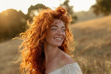 portrait of a beautiful woman with curly red hair