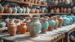 A variety of handcrafted pottery pieces, showcasing different styles and hues, displayed on rustic wooden shelves in a potter workshop.