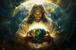 Illustration of Jesus Christ holding a globe, light emanating from his hands, symbolizing his love for humanity and the world.