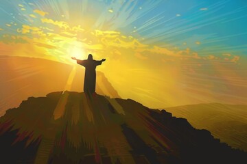 Wall Mural - Illustration of Jesus Christ standing on a hilltop at sunrise, arms outstretched, offering hope and guidance to all.