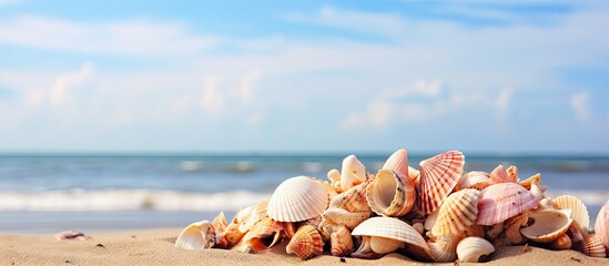 Sticker - Shells on a sandy beach under a blue sky