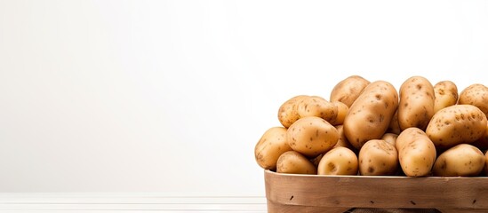 Wall Mural - Potatoes in wooden basket on a white background