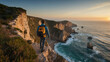 Photo real with travel theme for Coastal Journey Concept as A traveler with a backpack standing on a cliff overlooking the sea at sunrise.  ,Full depth of field, clean light, high quality ,include cop
