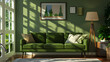 A cozy living room with a green sofa, a lamp and pictures on the wall