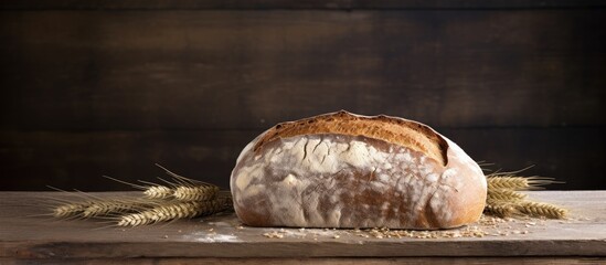 Poster - Loaf of bread on table with wheat