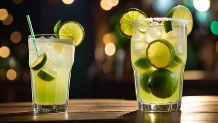  Two tall glasses filled with limeade, garnished with fresh lime wedges A vibrant light illuminates the scene in the background