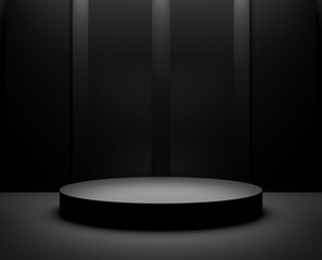 Leinwandbilder - round cylindric empty 3d podium form on black wall minimalistic background geometrical stage, bright spotlight on empty black room and minimalistic podium table stage product placement, black backdrop