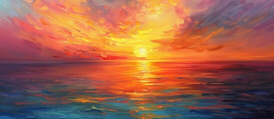 Wall Mural -  A stunning painting capturing a sunset over the ocean with vibrant hues of orange yellow and pink reflecting on the tranquil water 