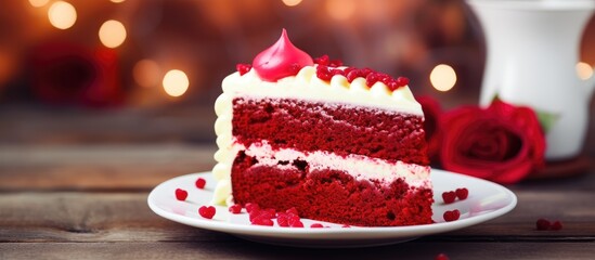 Poster - A slice of cake with a rose on a plate