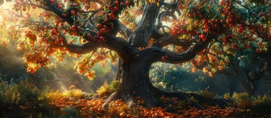 The tree is brimming with ripe fruits, its branches weighed down by the bountiful harvest 