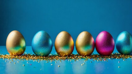 Wall Mural -  A row of colorful eggs sits on a blue table, beside confetti sprinkles