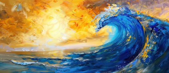 Wall Mural - In the painting, blue and yellow ocean waves swirl and descend during sunset, crafting a dynamic and vibrant scene on the canvas