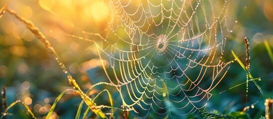 An intricate spider web gleams in the sunlight, meticulously woven amidst verdant grass. Its delicate threads shimmer against the backdrop of vibrant nature