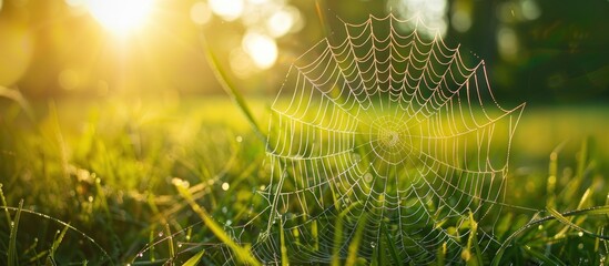 A intricate spider web glistens in the sunlight carefully woven in the midst of lush green grass The delicate threads of the web shine against the vibrant backdrop of nature 