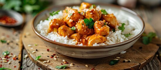 Wall Mural - Atop a sturdy wooden surface, a bowl holds a tempting combination of aromatic rice and tender chicken pieces, generously coated in a fragrant curry sauce