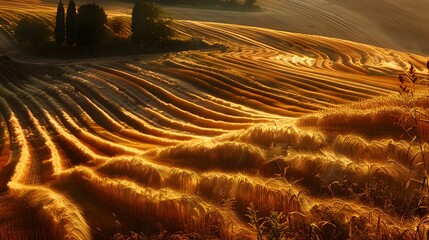 Wall Mural - Golden hour over countryside fields, serene landscape bathed in warm light. captivating farmland view at sunset. peaceful rural scenery for relaxation and wallpaper use. AI