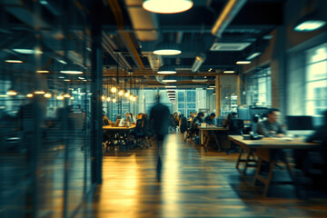 Wall Mural - Busy office with people working at tables and walking through the room in a blurred motion concept