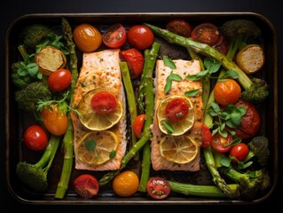 Wall Mural - Pan Filled With Salmon, Asparagus, Tomatoes, and Broccoli.