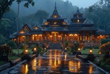 Fototapeta Lawenda - Illuminated Temple Amidst Nature Under Gentle Rain