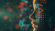 Female face with matrix digital numbers artifical intelligence AI theme with human face. Virtual reality touchscreen digital screen. dark background with computer binary code and hidden face watching