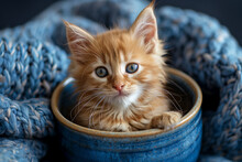 Cute Kitten Sitting In A Beautiful Blue Cup