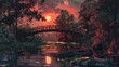 View of the curved wooden bridge at sunset