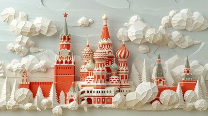 A paper cutout of a city with a red cathedral in the center