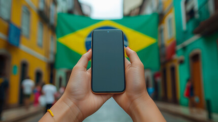 Woman on the street with mobile phone with an Brazilian flag on the background