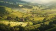 Village, country house, warehouse, hills, trees, greenery, cows, fields, crops, nature, beautiful views, settlement, sun. Beauty, comfort and tranquility of country life concept . Generative by AI