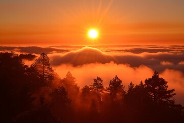 Wall Mural - A photo of the sun setting behind clouds over Redwood National Park, the sky is orange and there is fog in the valley below Generative AI