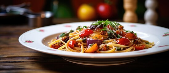 Fototapete - Plate of pasta with tomatoes and herbs, Close-up