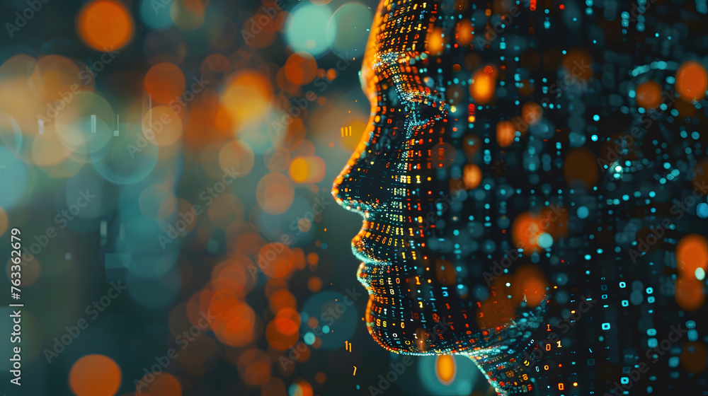 Female face with matrix digital numbers artifical intelligence AI theme ...