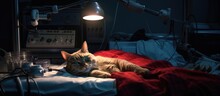 A Feline Resting On A Bed Beneath A Glowing Lamp