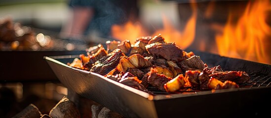 Poster - Beef grilling over flames at a barbecue