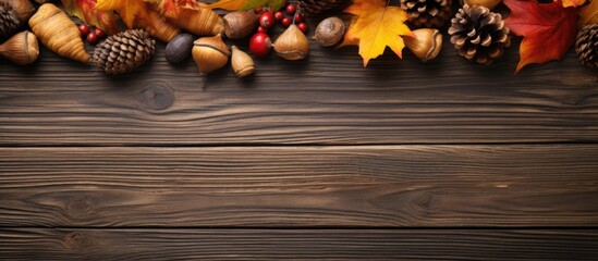 Fototapete - Wooden table adorned with fall leaves, nuts, and pinecones