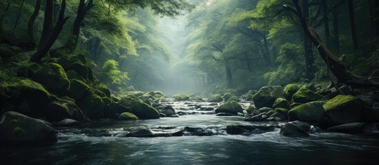 Canvas Print - A tranquil river flowing through a dense forest