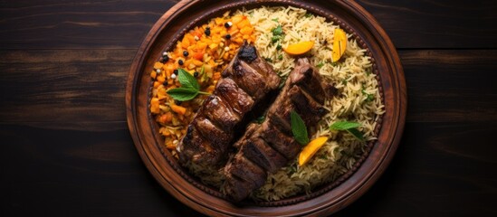 Fototapete - Plate of grilled lamb and rice with vegetables