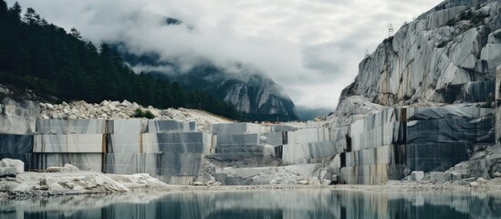 Italian marble quarry with a lake and mountains view