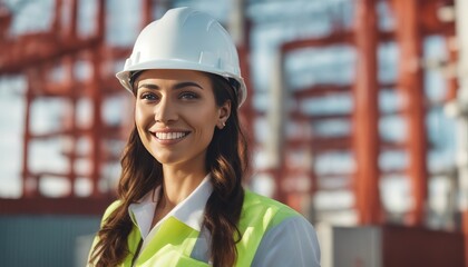 Wall Mural - smiling portrait of a beautiful latin female industrial engineer in white hard hat, inspector or saf