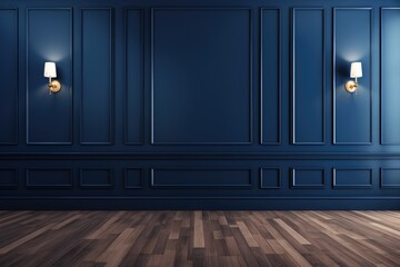 Mock up of a navy blue classic painted wainscoted wall background with brown parquet flooring. 