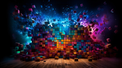 Poster - Vibrant 3D Cubes Exploding on a Black Background with Glowing Effects