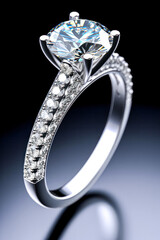 Wall Mural - A diamond ring with a white band and a diamond center. The ring is set in a silver band and is very shiny