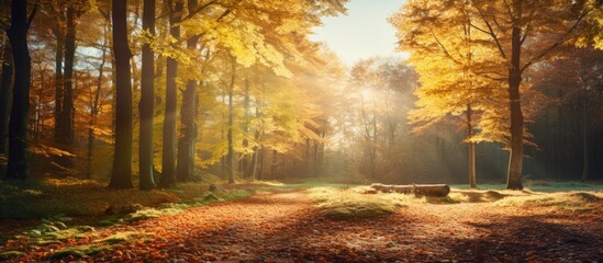 Poster - Sunlight filtering through trees with fallen leaves in a forest